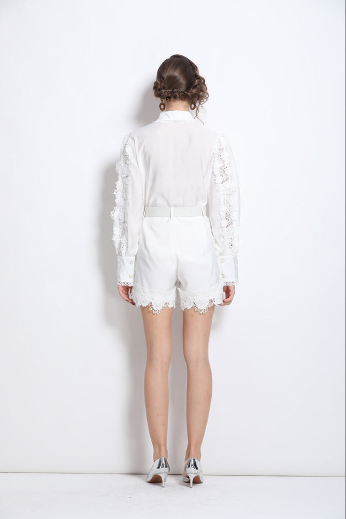 CM-SY030833 Women Elegant European Style Collar Neckline Long Sleeve Embroidery Lace Blouse With Shorts (Available in 3 colors)