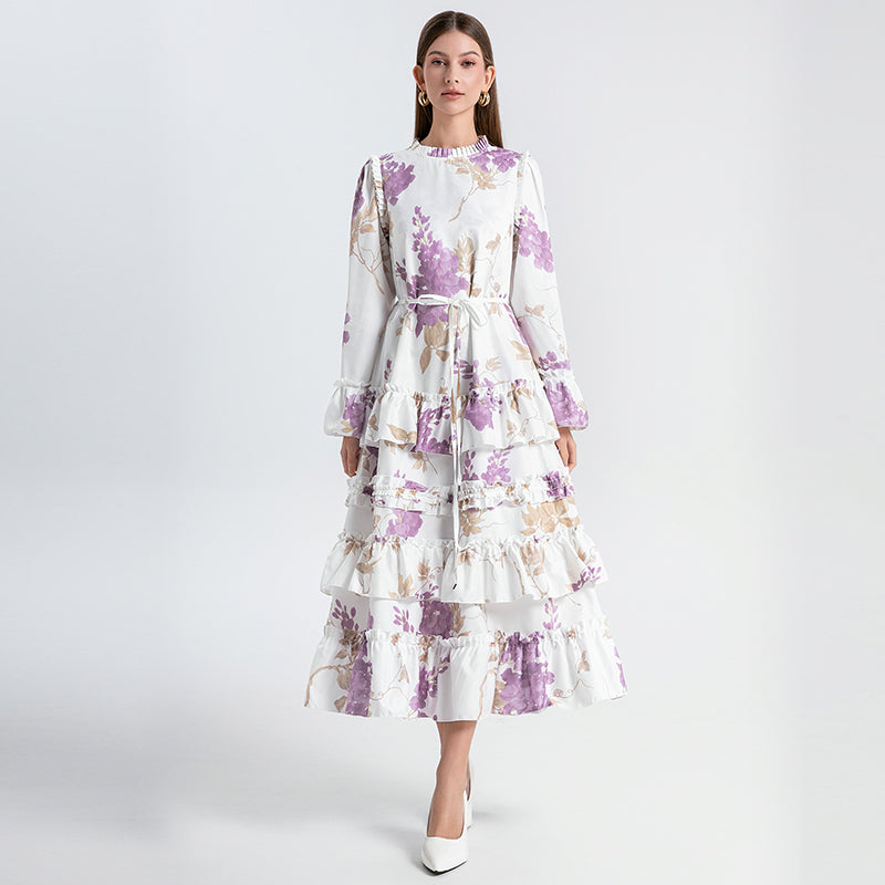 CM-DY031442 Women Elegant European Style Round Neck Trumpet Sleeve Maxi Dress - Purple