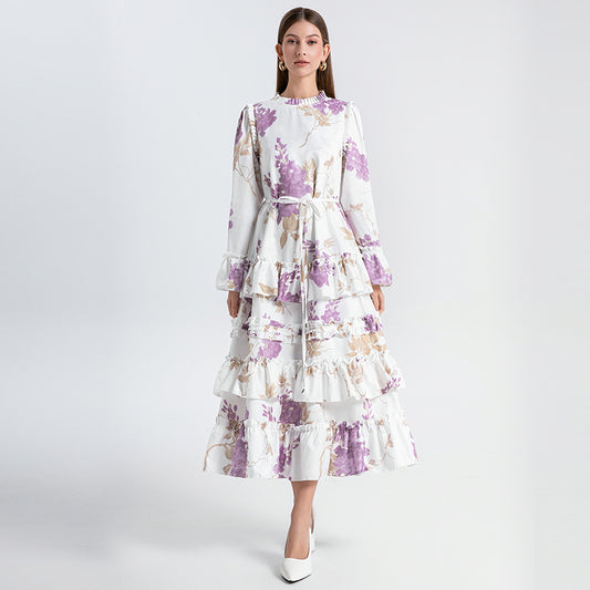 CM-DY031442 Women Elegant European Style Round Neck Trumpet Sleeve Maxi Dress - Purple