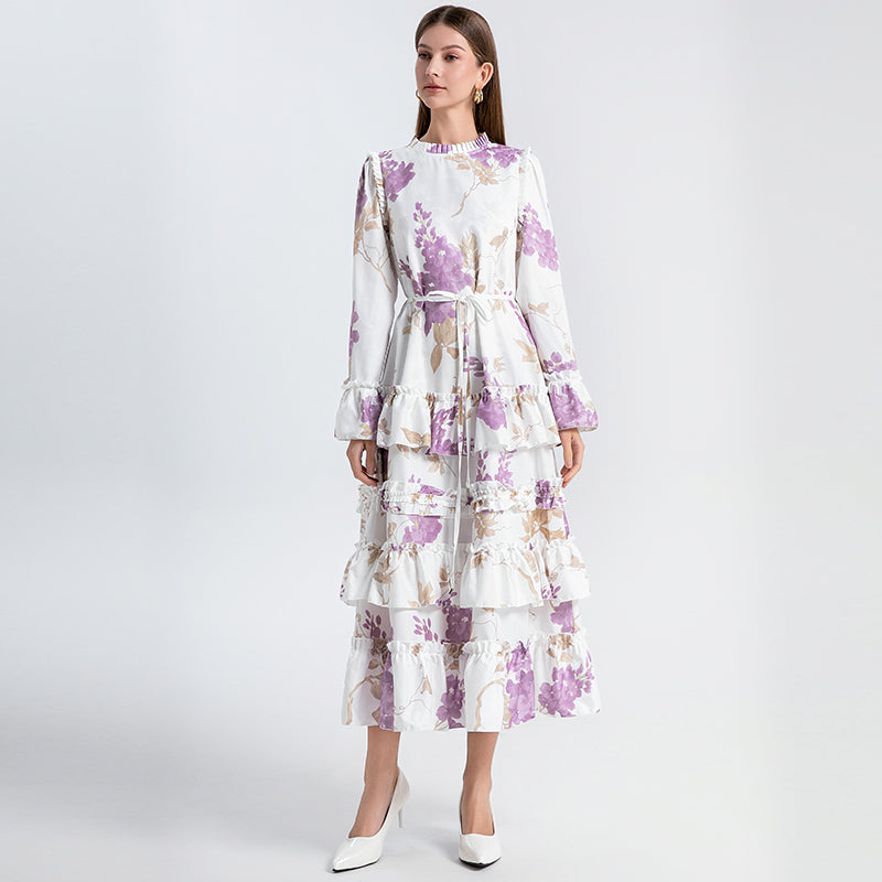 CM-DY031442 Women Elegant European Style Round Neck Trumpet Sleeve Maxi Dress - Purple