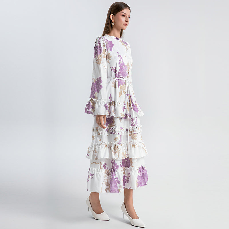CM-DY031442 Women Elegant European Style Round Neck Trumpet Sleeve Maxi Dress - Purple