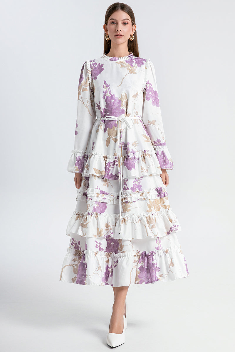 CM-DY031442 Women Elegant European Style Round Neck Trumpet Sleeve Maxi Dress - Purple