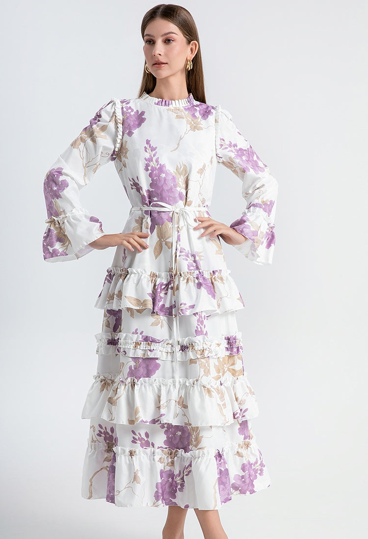 CM-DY031442 Women Elegant European Style Round Neck Trumpet Sleeve Maxi Dress - Purple
