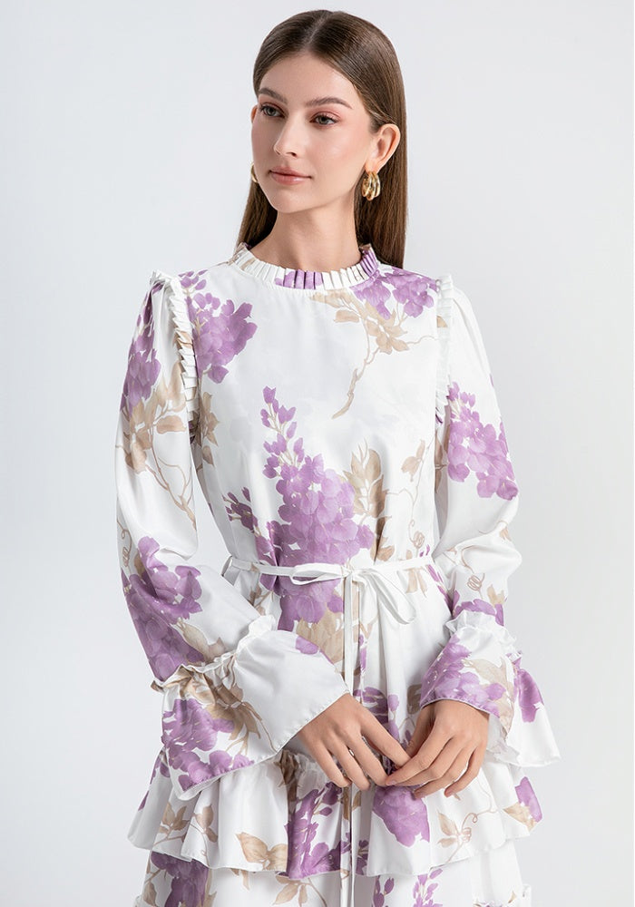 CM-DY031442 Women Elegant European Style Round Neck Trumpet Sleeve Maxi Dress - Purple