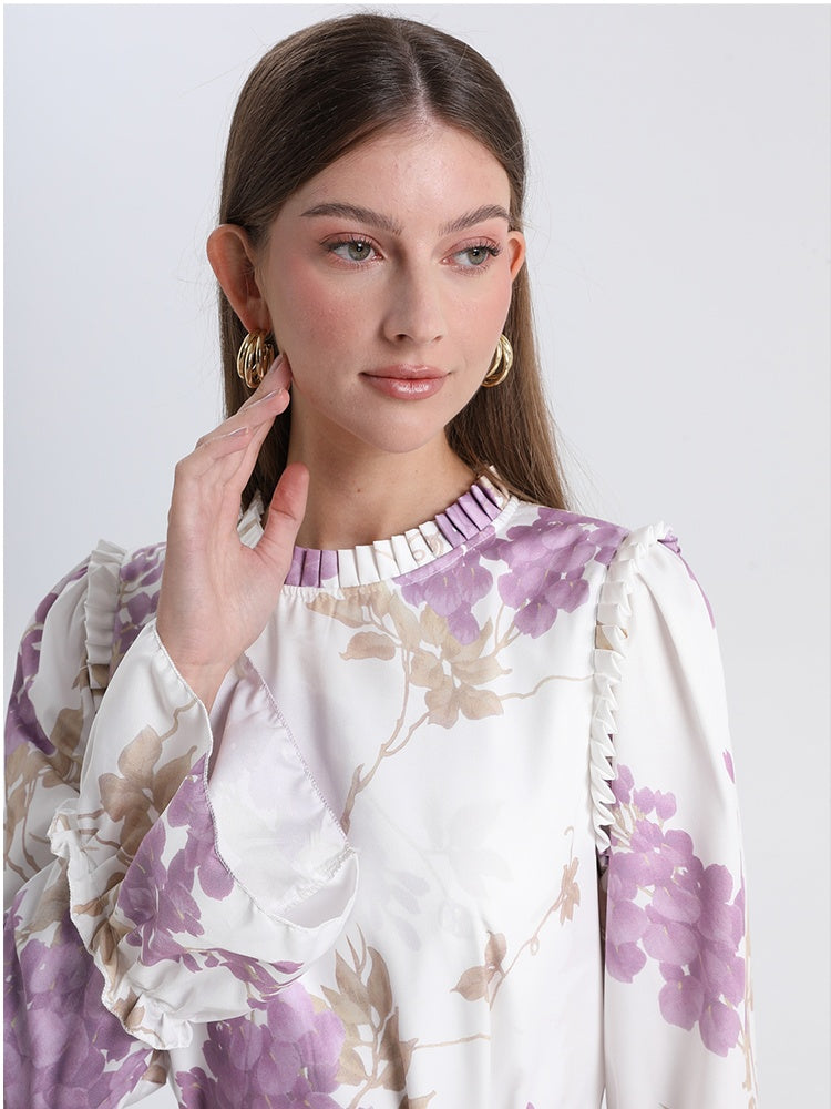 CM-DY031442 Women Elegant European Style Round Neck Trumpet Sleeve Maxi Dress - Purple