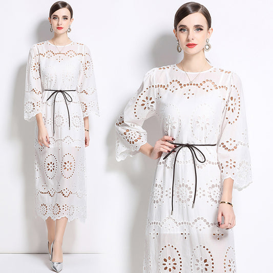 CM-DY031451 Women Elegant European Style Round Neck 3/4 Sleeve Pinched Waist Dress - White