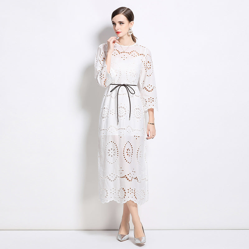 CM-DY031451 Women Elegant European Style Round Neck 3/4 Sleeve Pinched Waist Dress - White