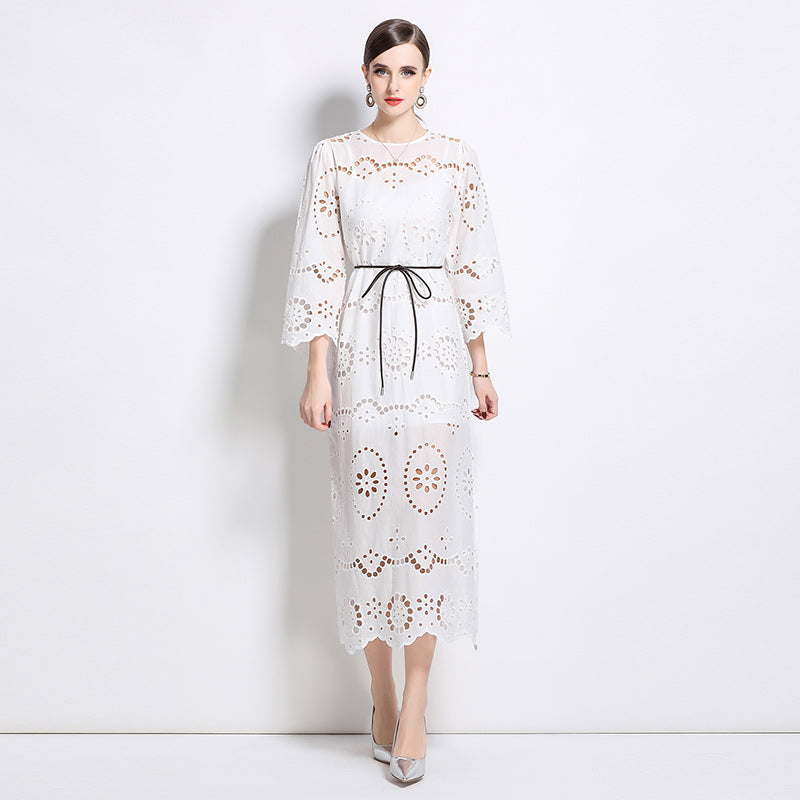 CM-DY031451 Women Elegant European Style Round Neck 3/4 Sleeve Pinched Waist Dress - White