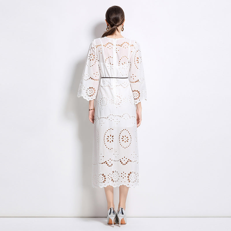 CM-DY031451 Women Elegant European Style Round Neck 3/4 Sleeve Pinched Waist Dress - White
