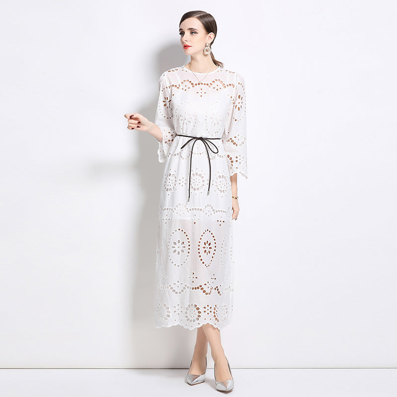 CM-DY031451 Women Elegant European Style Round Neck 3/4 Sleeve Pinched Waist Dress - White