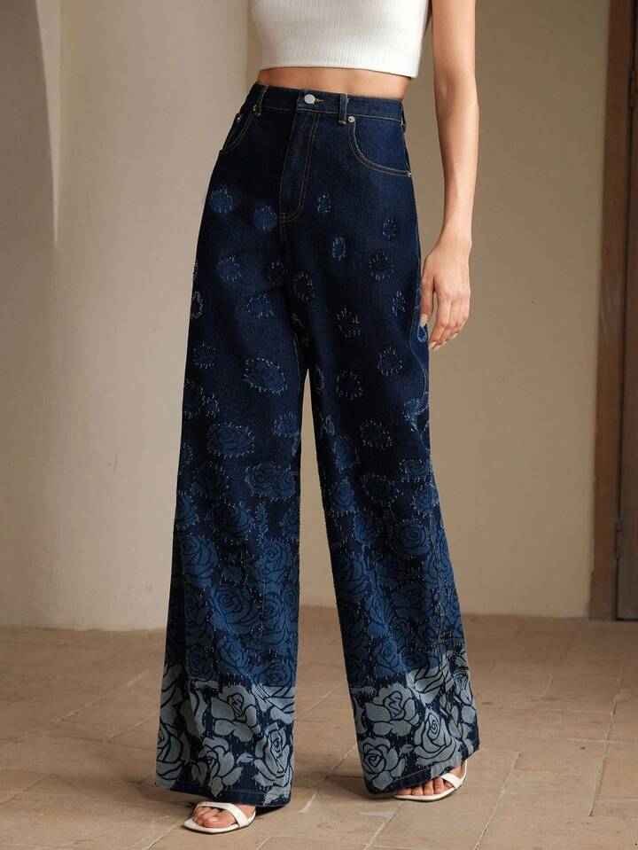 CM-BS167413 Women Casual Seoul Style Dark Wash Rose Floral Print Mid Waist Wide Leg Jeans