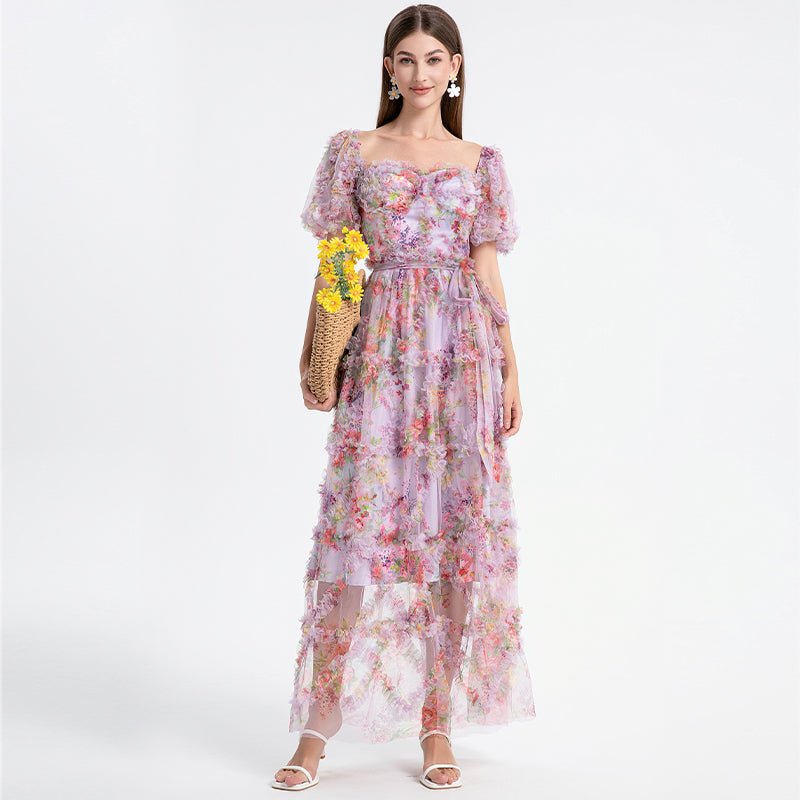 CM-DY031505 Women Elegant European Style Square Collar Lantern Sleeve Cupcake Dress - Purple