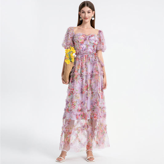 CM-DY031505 Women Elegant European Style Square Collar Lantern Sleeve Cupcake Dress - Purple