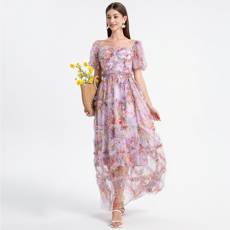CM-DY031505 Women Elegant European Style Square Collar Lantern Sleeve Cupcake Dress - Purple