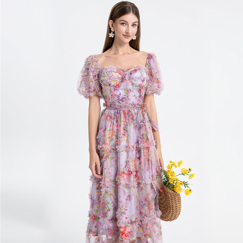 CM-DY031505 Women Elegant European Style Square Collar Lantern Sleeve Cupcake Dress - Purple