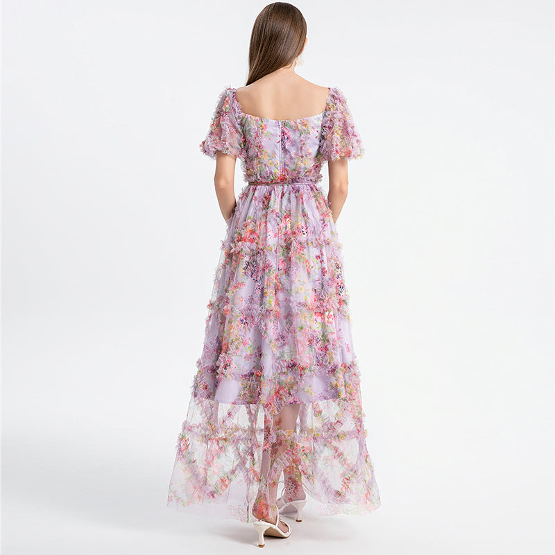 CM-DY031505 Women Elegant European Style Square Collar Lantern Sleeve Cupcake Dress - Purple