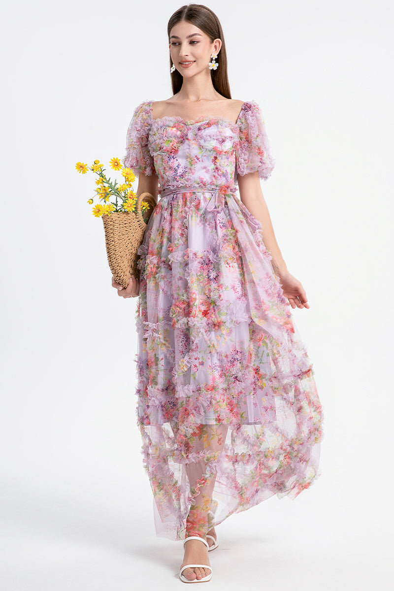 CM-DY031505 Women Elegant European Style Square Collar Lantern Sleeve Cupcake Dress - Purple