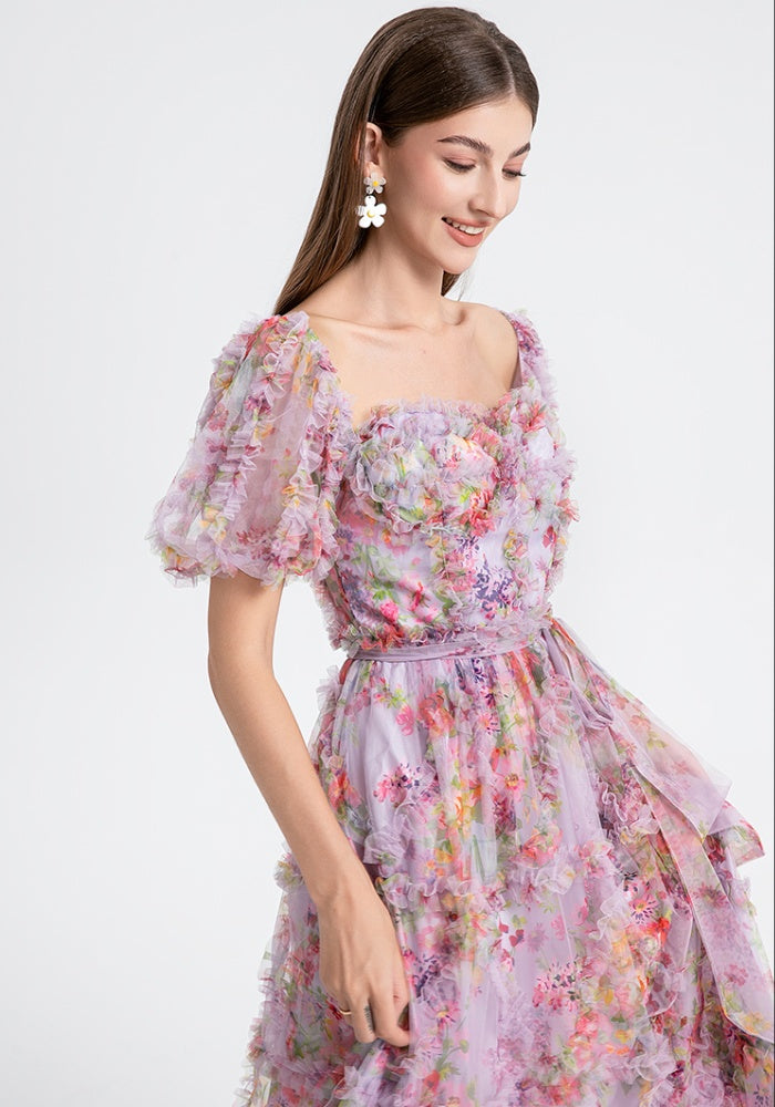 CM-DY031505 Women Elegant European Style Square Collar Lantern Sleeve Cupcake Dress - Purple