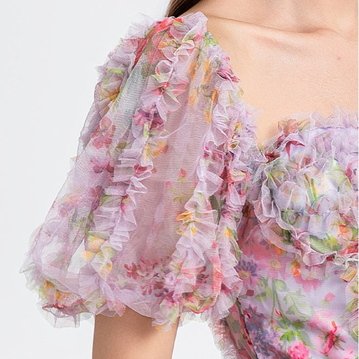 CM-DY031505 Women Elegant European Style Square Collar Lantern Sleeve Cupcake Dress - Purple