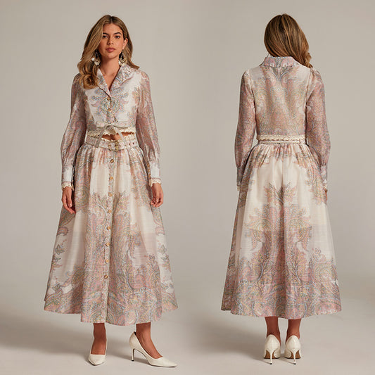 CM-SY032037 Women Elegant Seoul Style All-Over Print Collar Neckline Long Sleeve Top With Maxi Skirt - Set