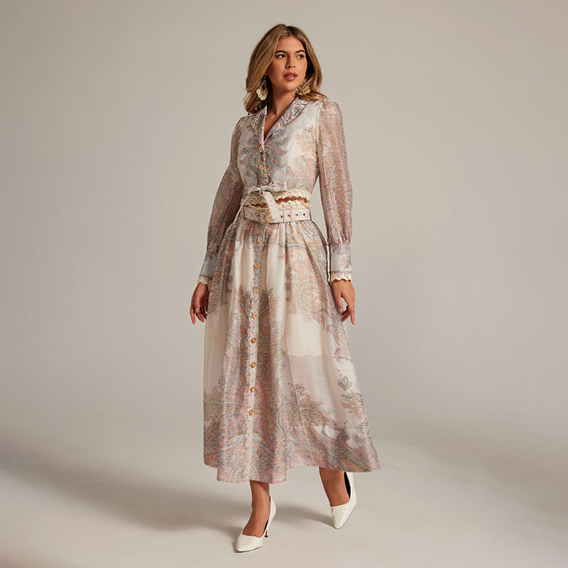 CM-SY032037 Women Elegant Seoul Style All-Over Print Collar Neckline Long Sleeve Top With Maxi Skirt - Set