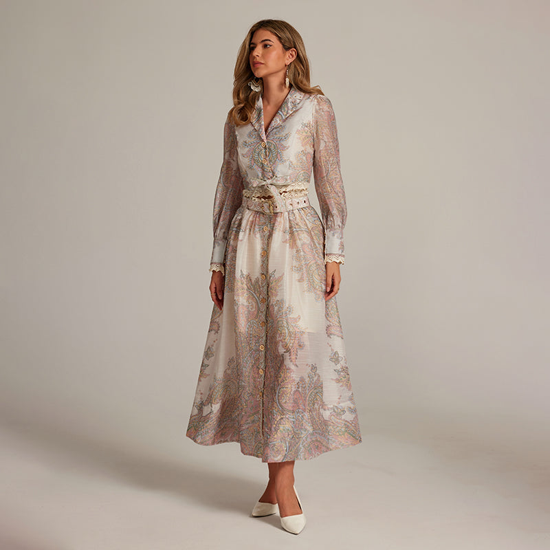 CM-SY032037 Women Elegant Seoul Style All-Over Print Collar Neckline Long Sleeve Top With Maxi Skirt - Set