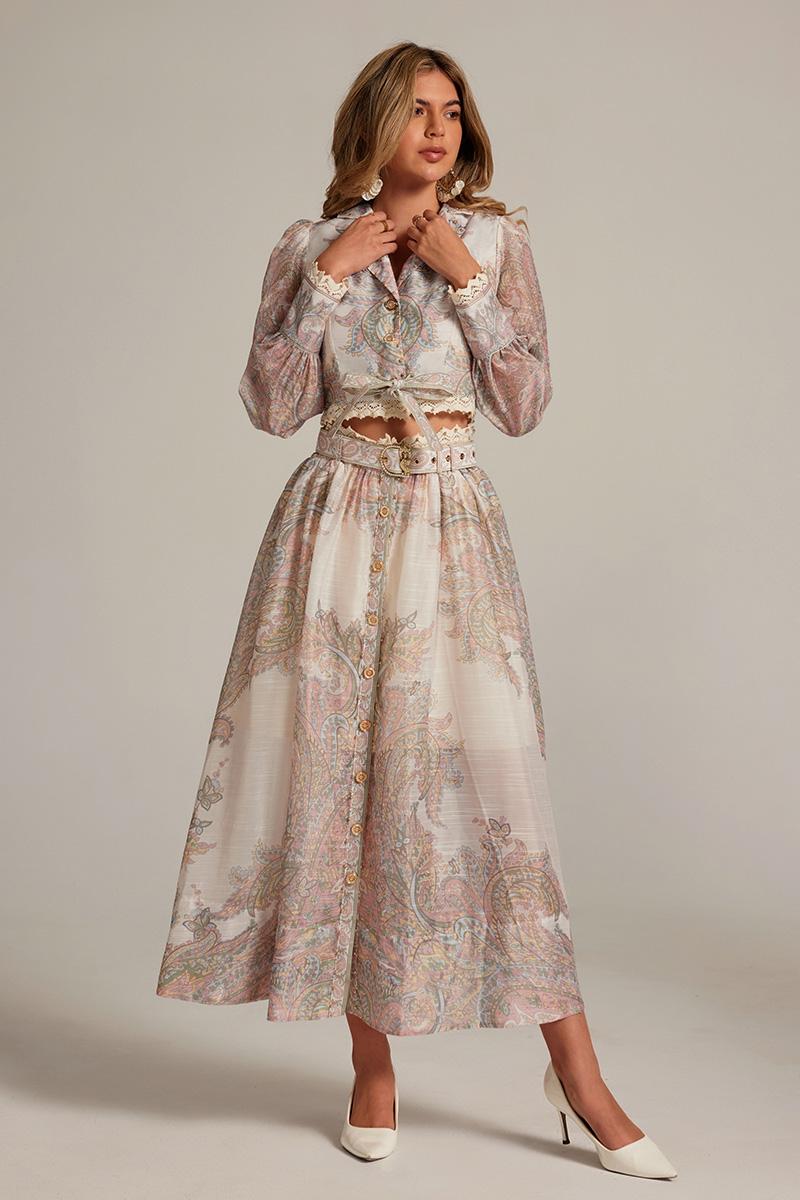 CM-SY032037 Women Elegant Seoul Style All-Over Print Collar Neckline Long Sleeve Top With Maxi Skirt - Set