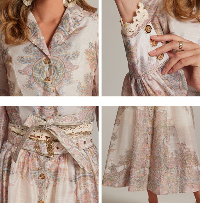 CM-SY032037 Women Elegant Seoul Style All-Over Print Collar Neckline Long Sleeve Top With Maxi Skirt - Set