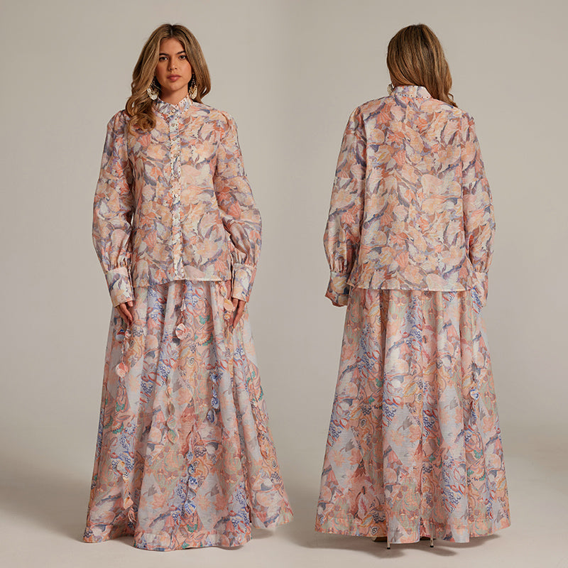 CM-SY032038 Women Elegant European Style Stand Collar Long Sleeve Blouse With Maxi Skirt - Set