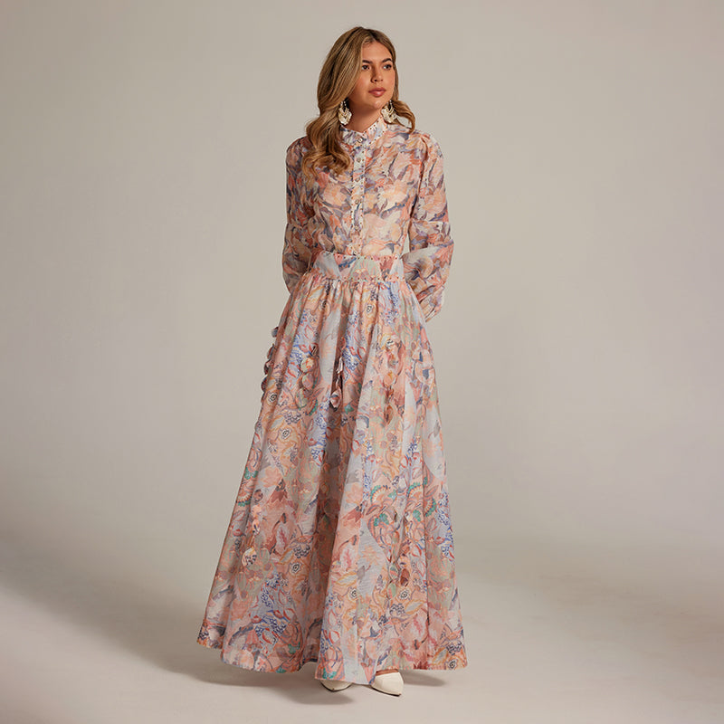 CM-SY032038 Women Elegant European Style Stand Collar Long Sleeve Blouse With Maxi Skirt - Set