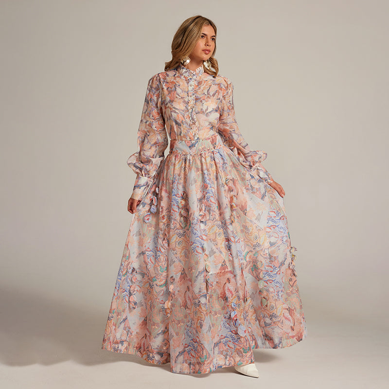 CM-SY032038 Women Elegant European Style Stand Collar Long Sleeve Blouse With Maxi Skirt - Set