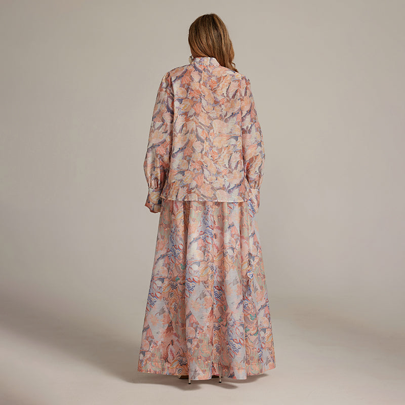 CM-SY032038 Women Elegant European Style Stand Collar Long Sleeve Blouse With Maxi Skirt - Set