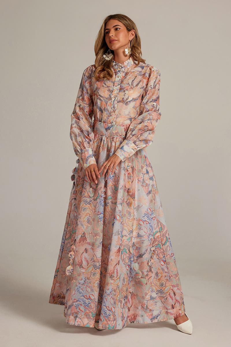 CM-SY032038 Women Elegant European Style Stand Collar Long Sleeve Blouse With Maxi Skirt - Set