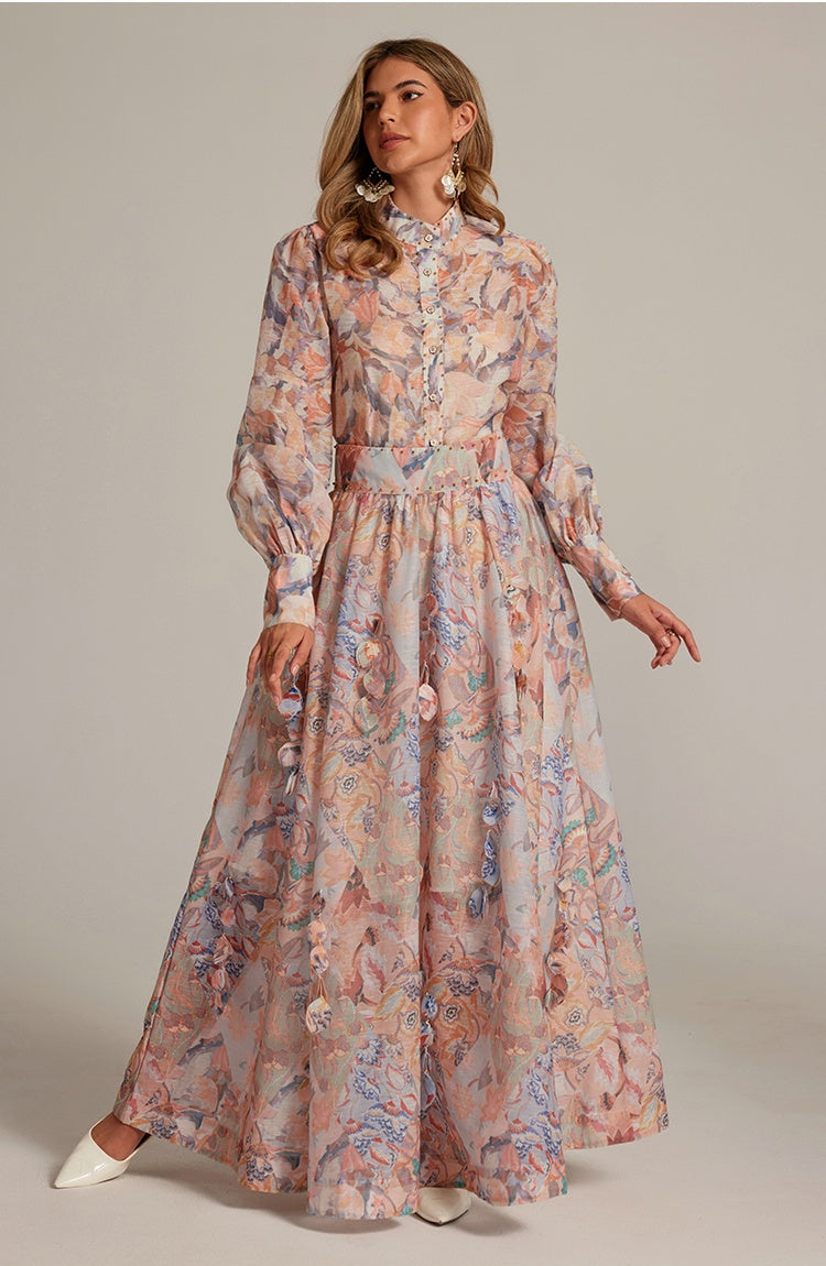 CM-SY032038 Women Elegant European Style Stand Collar Long Sleeve Blouse With Maxi Skirt - Set
