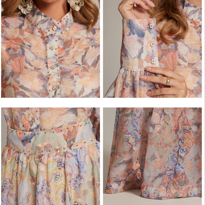 CM-SY032038 Women Elegant European Style Stand Collar Long Sleeve Blouse With Maxi Skirt - Set