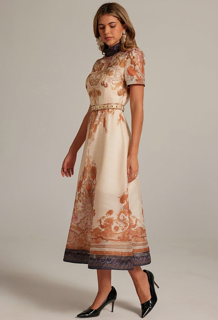 CM-DY032041 Women Retro European Style Stand Collar Short Sleeve All-Over Print Long Dress - Apricot