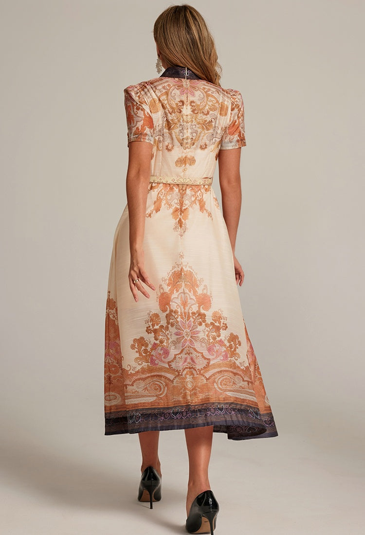 CM-DY032041 Women Retro European Style Stand Collar Short Sleeve All-Over Print Long Dress - Apricot