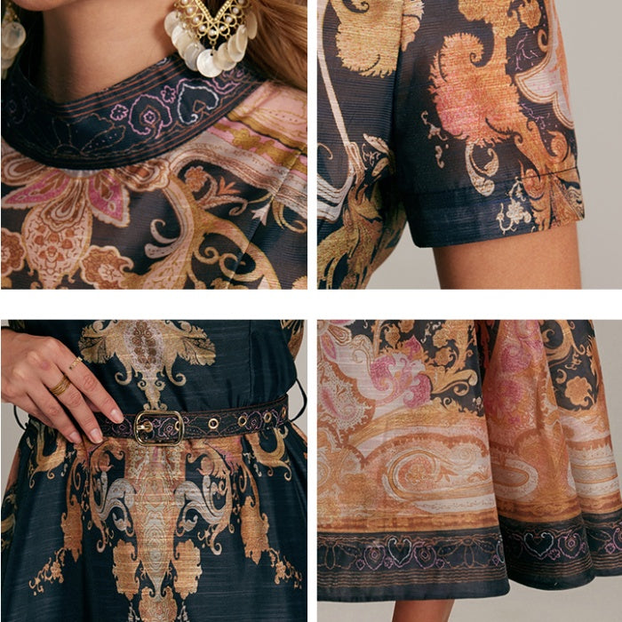 CM-DY032041 Women Retro European Style Stand Collar Short Sleeve All-Over Print Long Dress - Apricot