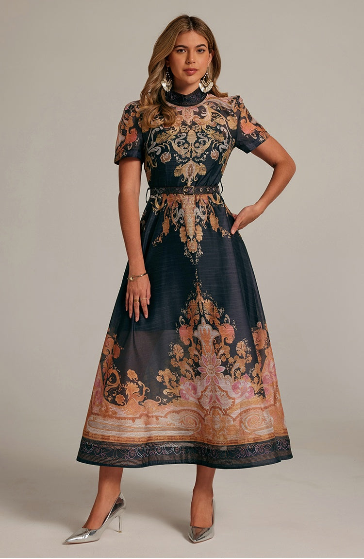 CM-DY032041 Women Retro European Style Stand Collar Short Sleeve All-Over Print Long Dress - Black
