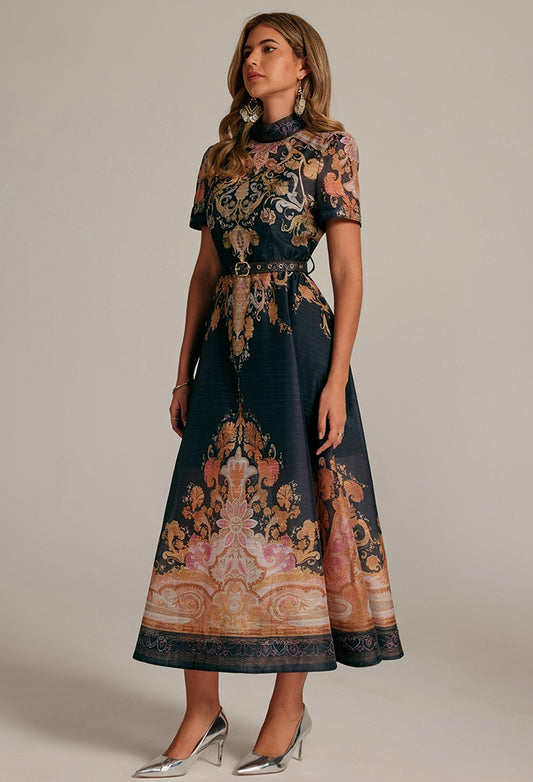 CM-DY032041 Women Retro European Style Stand Collar Short Sleeve All-Over Print Long Dress - Black