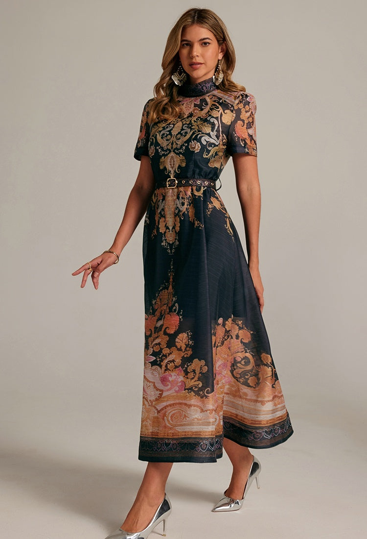CM-DY032041 Women Retro European Style Stand Collar Short Sleeve All-Over Print Long Dress - Black