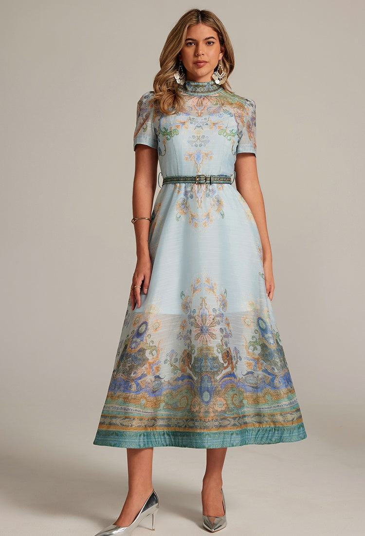 CM-DY032041 Women Retro European Style Stand Collar Short Sleeve All-Over Print Long Dress - Blue