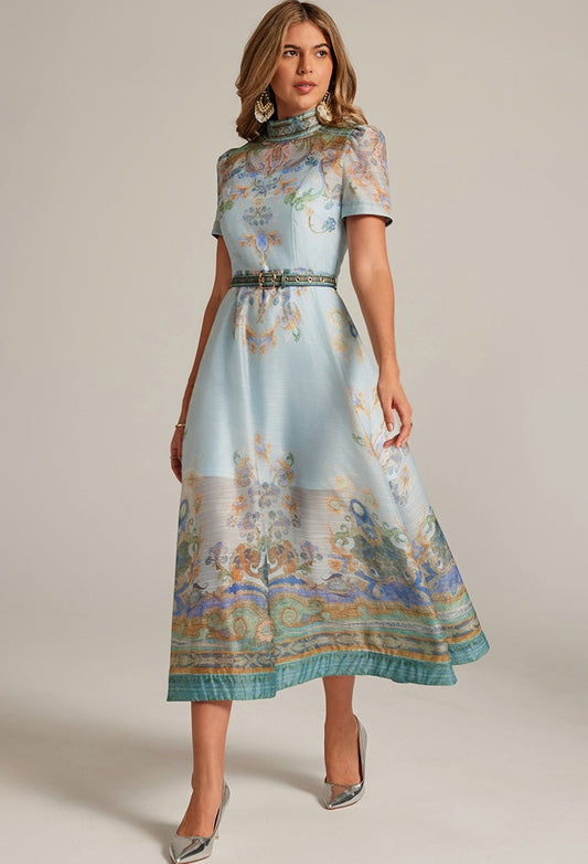 CM-DY032041 Women Retro European Style Stand Collar Short Sleeve All-Over Print Long Dress - Blue