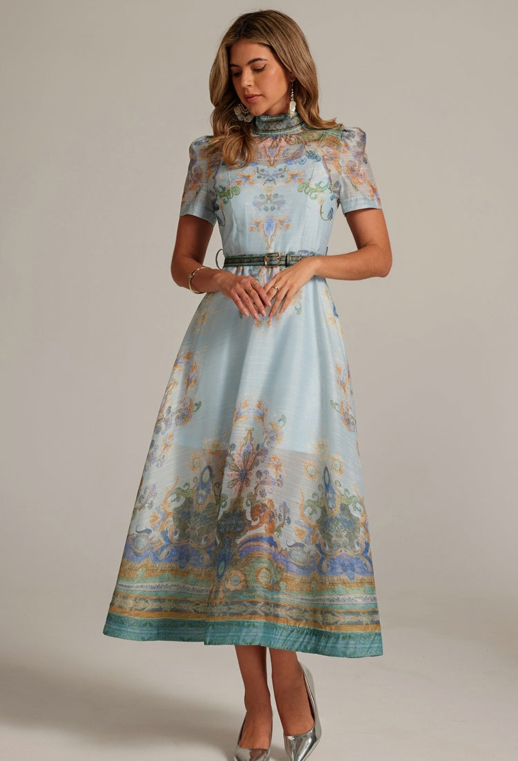 CM-DY032041 Women Retro European Style Stand Collar Short Sleeve All-Over Print Long Dress - Blue