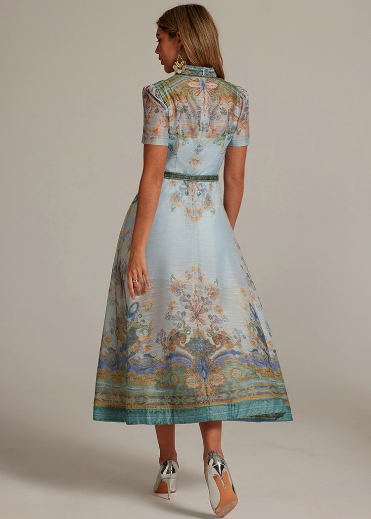 CM-DY032041 Women Retro European Style Stand Collar Short Sleeve All-Over Print Long Dress - Blue