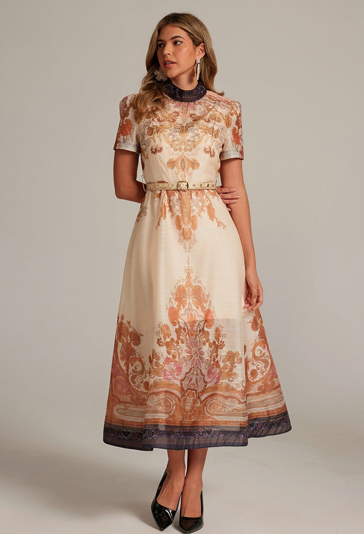 CM-DY032041 Women Retro European Style Stand Collar Short Sleeve All-Over Print Long Dress - Apricot