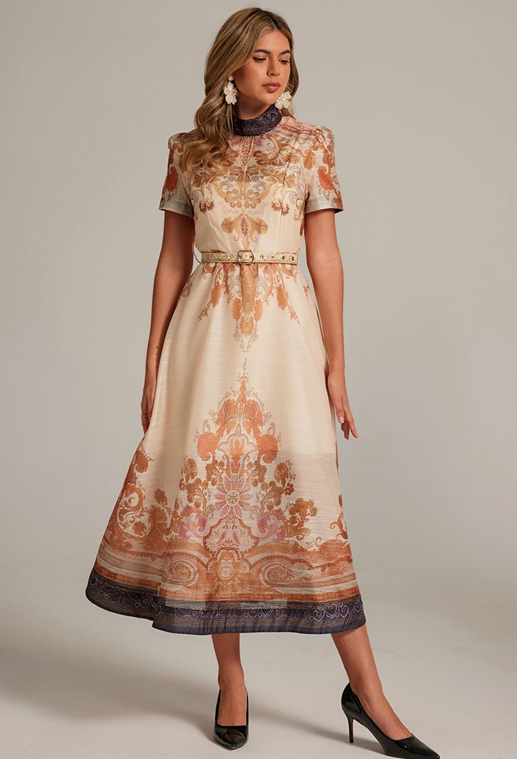 CM-DY032041 Women Retro European Style Stand Collar Short Sleeve All-Over Print Long Dress - Apricot
