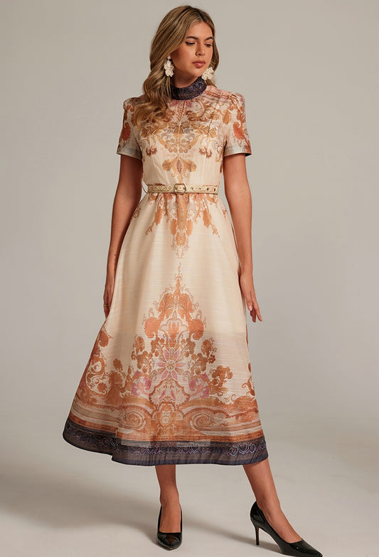 CM-DY032041 Women Retro European Style Stand Collar Short Sleeve All-Over Print Long Dress - Apricot