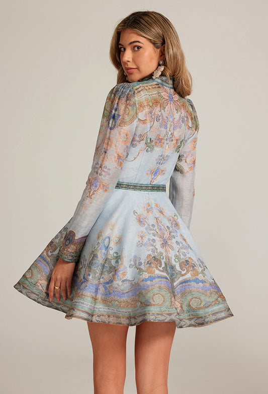 CM-DY032042 Women Elegant European Style Stand Collar Long Sleeve All-Over Print Mini Dress - Blue