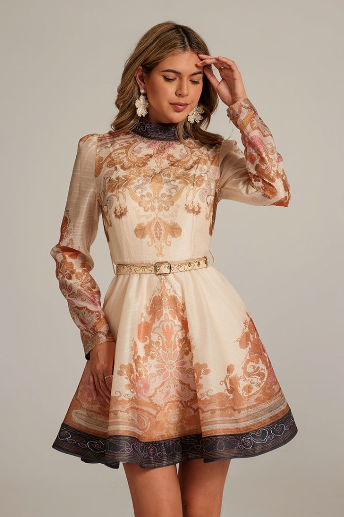 CM-DY032042 Women Elegant European Style Stand Collar Long Sleeve All-Over Print Mini Dress - Apricot
